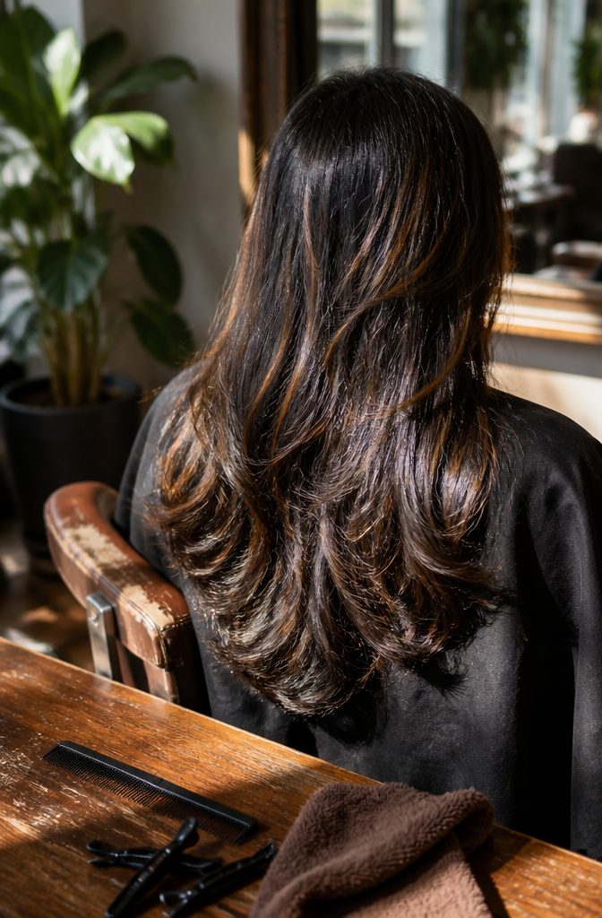 Black hair with scattered fine cream and brown strands edged in soft gold
