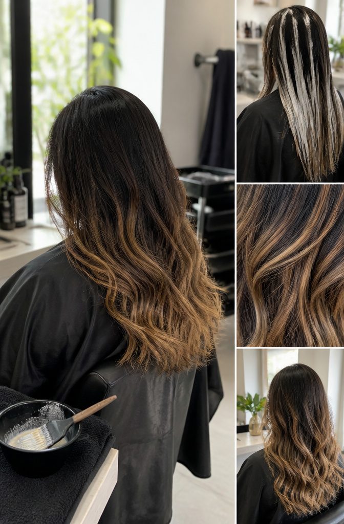 Black hair with hand-painted brown gold and blonde sections through the lengths