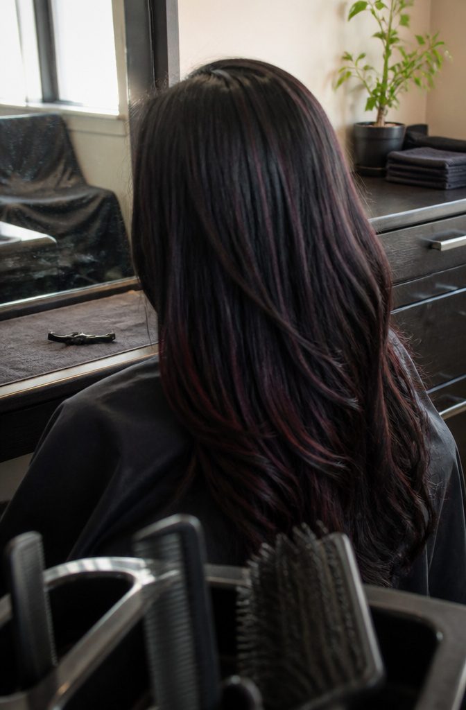Glossy black hair woven with narrow burgundy strands from crown to ends