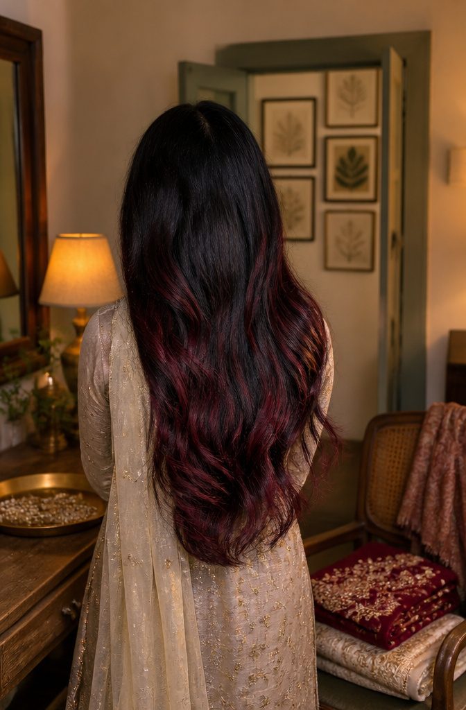 Black hair with burgundy balayage concentrated toward the ends