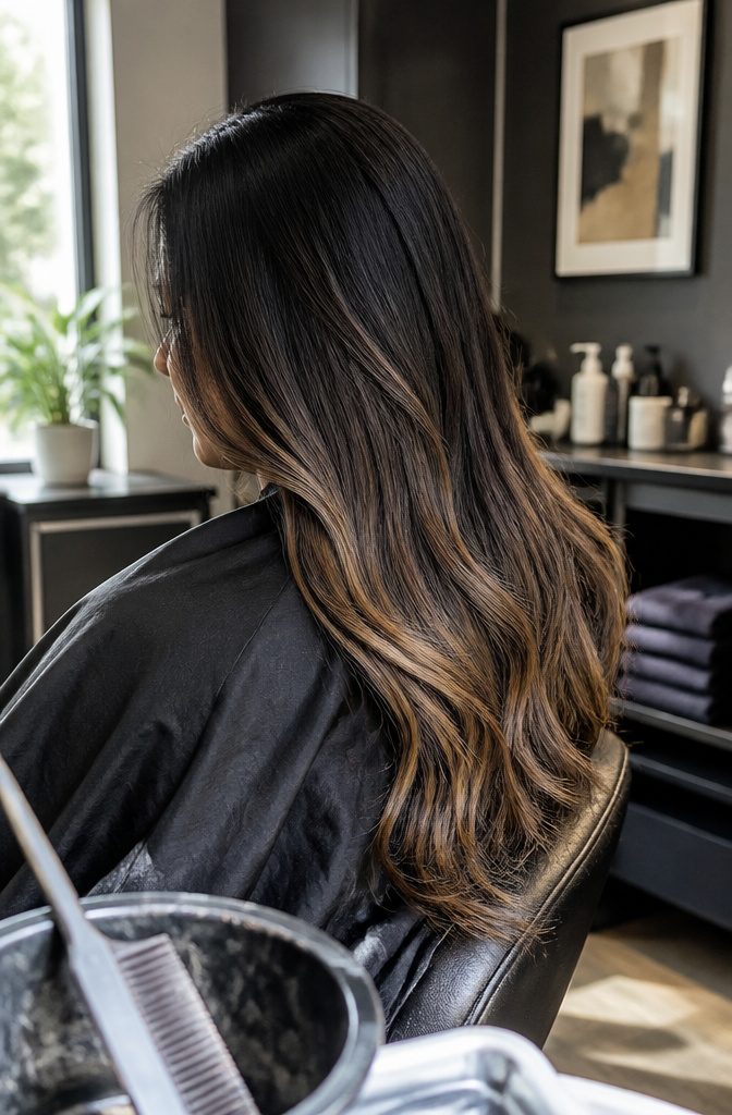 Black hair with hand-painted caramel pieces blending through the lengths