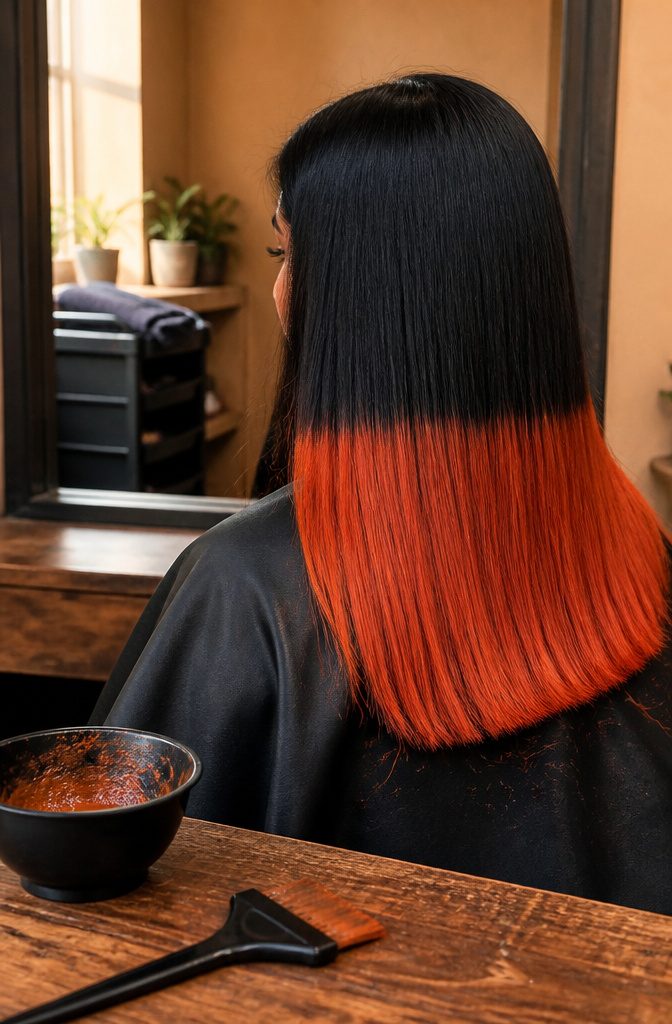 Black hair with carrot-orange tips divided by a sharp color line