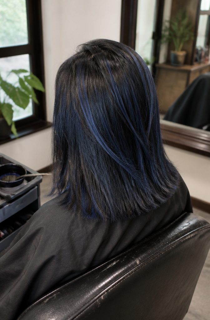 Short straight dark hair with hand-painted blue sections