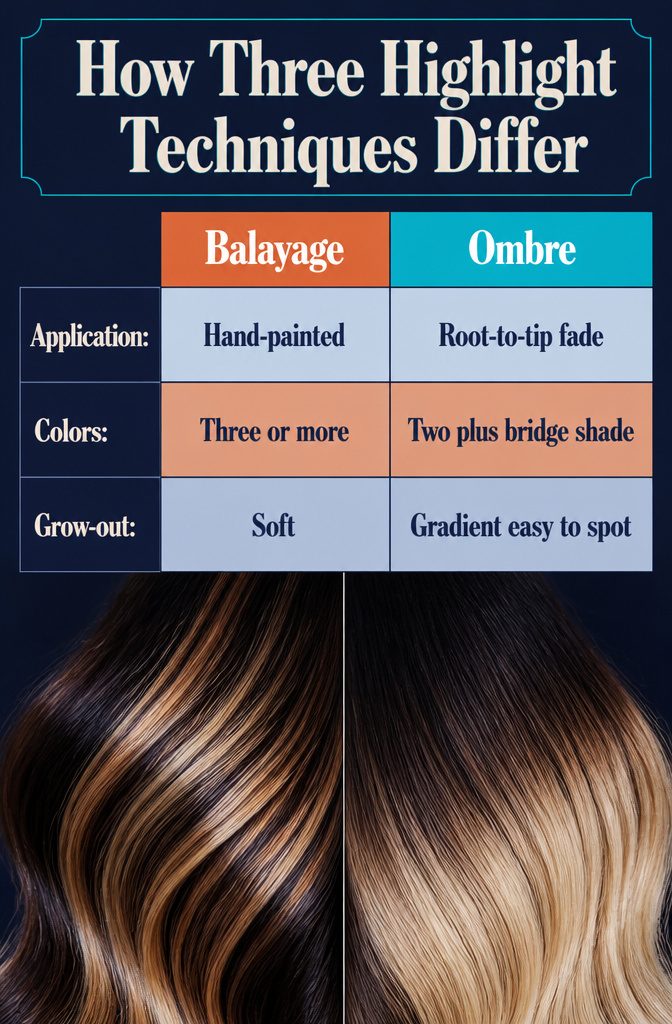 Six hair diagrams showing balayage ombre sombre dip-dye babylights and chunky highlights