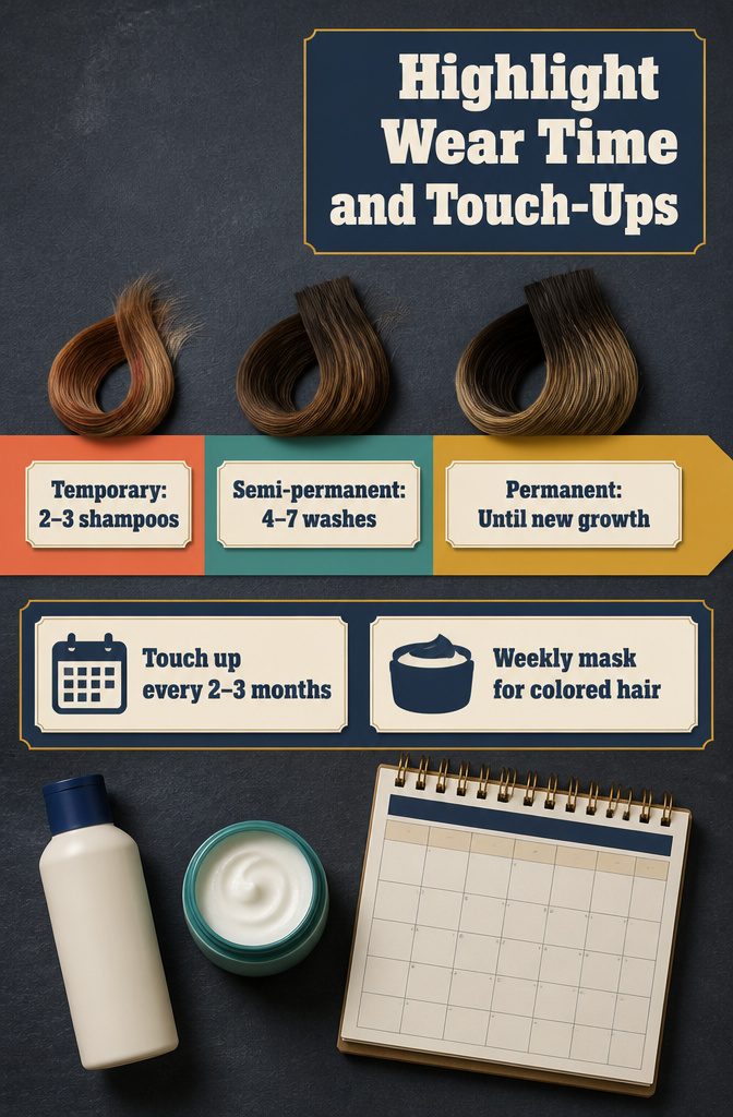 Hair color timeline with wear times and touch-up intervals