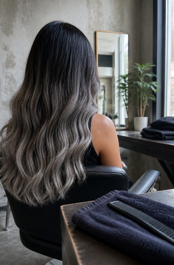 Black hair fading through a cool middle shade to pale grey tips