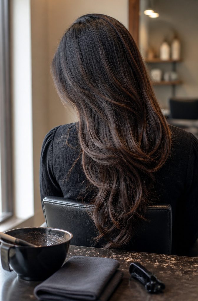 Dark hair with deep auburn lowlights threaded through the lengths