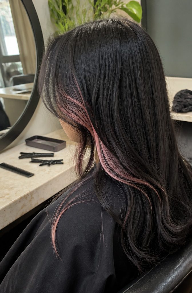 Black hair with narrow pastel pink strands beneath and around the face