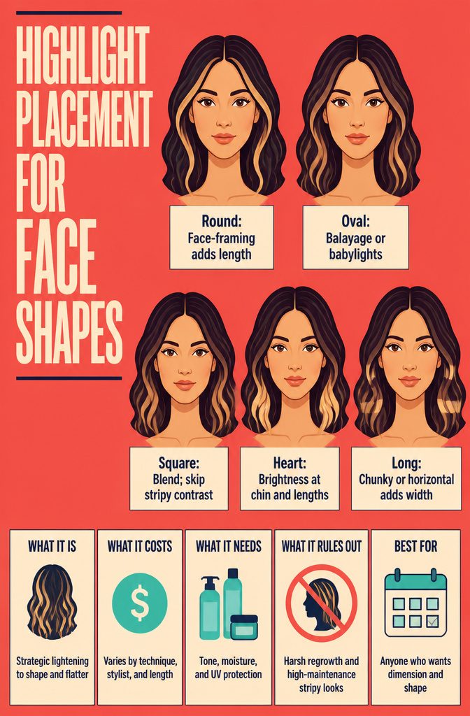 Face shapes with diagrams marking highlight placement around the face and lengths