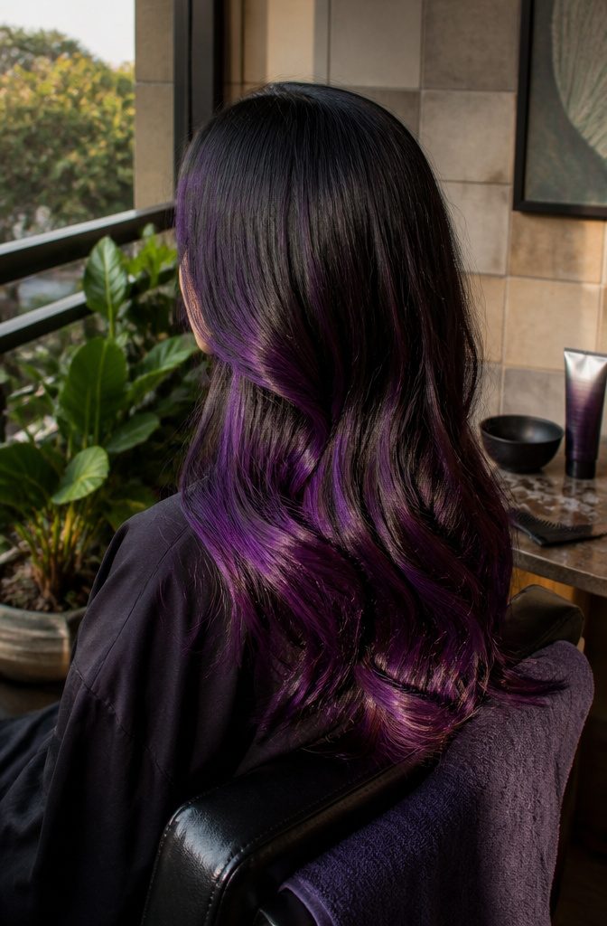 Black hair with hand-painted deep violet pieces through the lengths