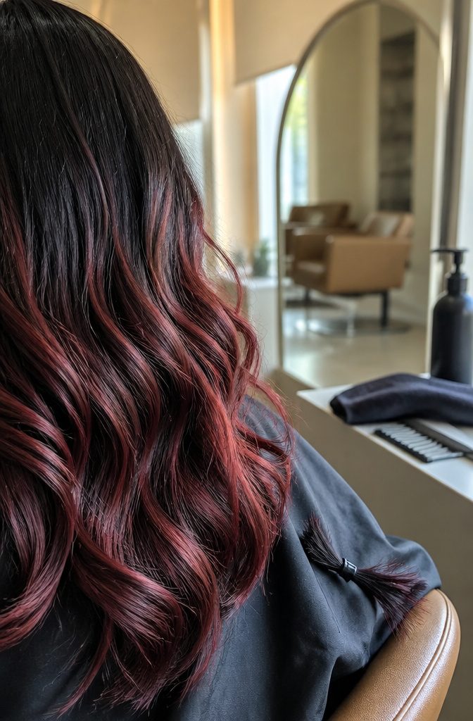 Black hair with pink-leaning red balayage fading softly toward the roots