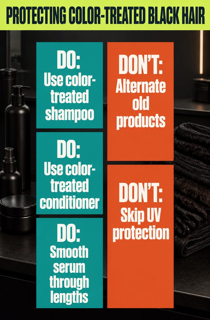 Color-treated black hair care graphic with shampoo conditioner and serum