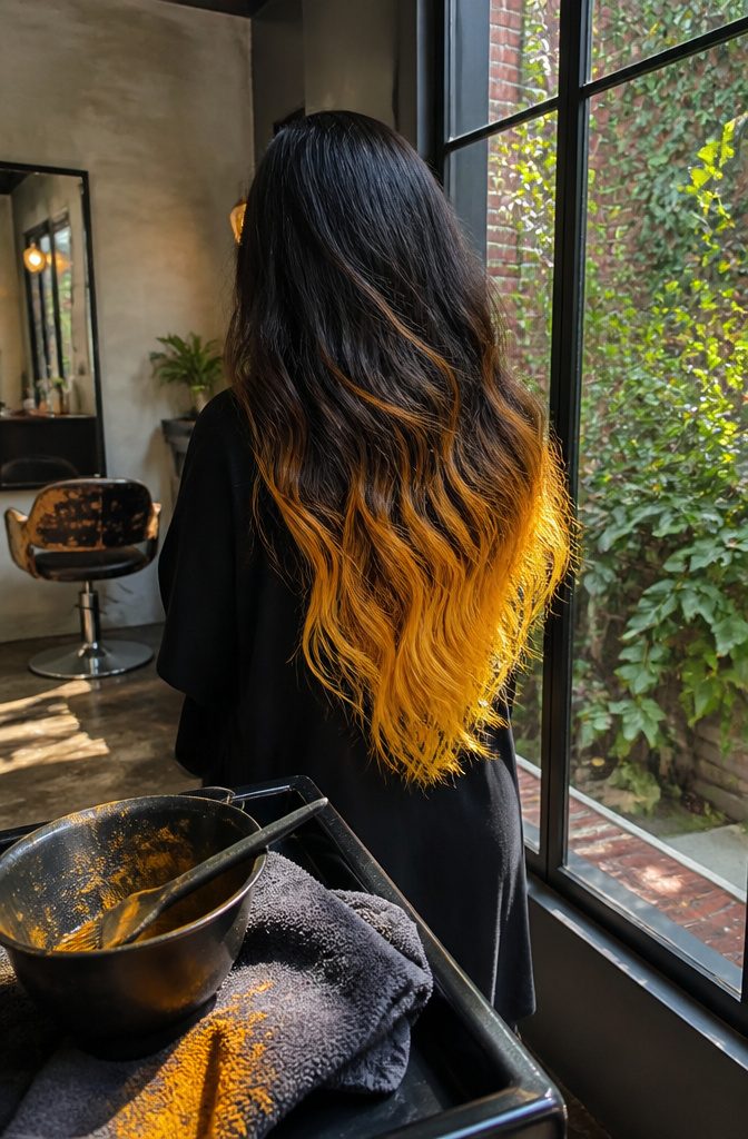 Black hair fading through amber and golden brown to bright yellow ends