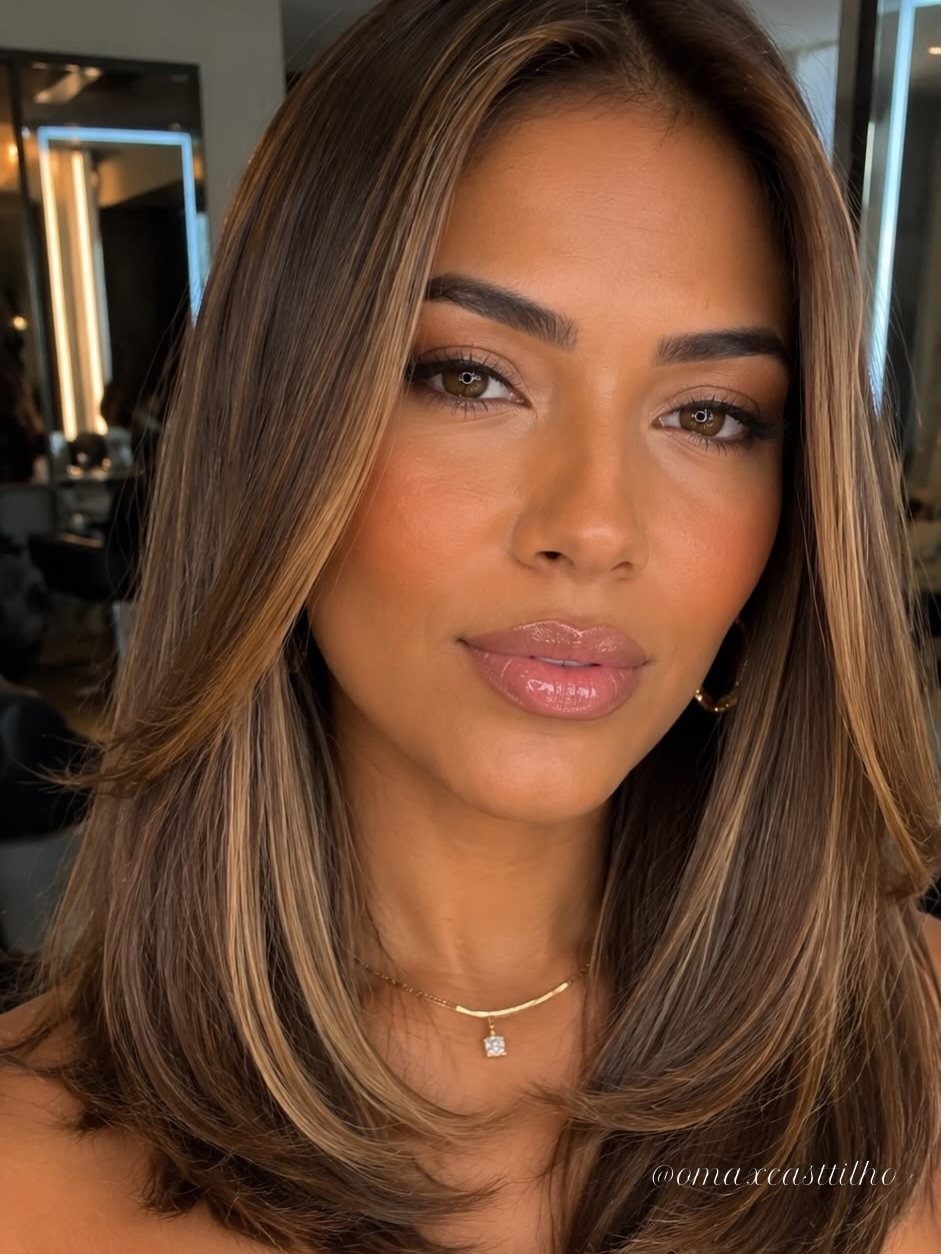 Woman with light brown hair and lighter face-framing highlights in a salon