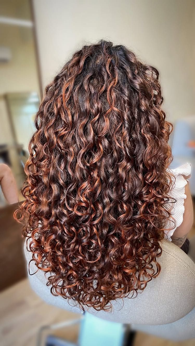Long dark brown curls show warm copper highlights throughout in a salon