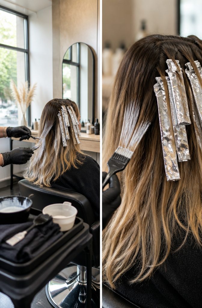 Hair coloring process with a stylist applying lightener to separated hair strands