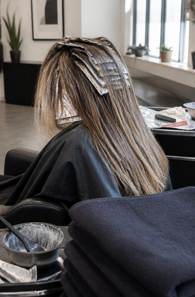 Light brown hair with fine foil babylights woven through the crown and lengths