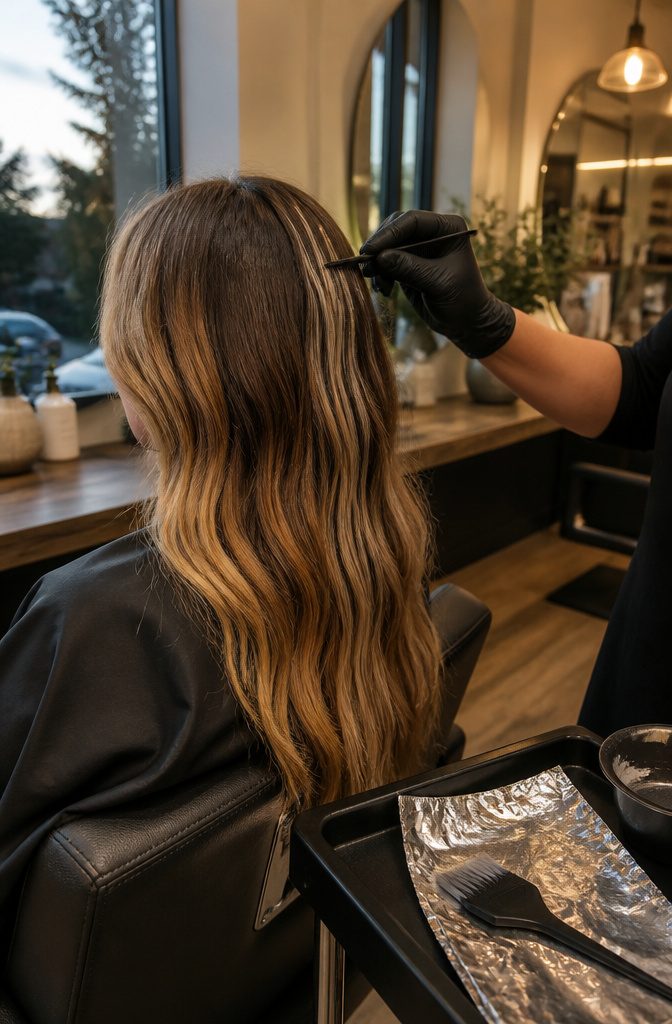 Hair viewed from behind with blended balayage on one side and defined highlights on the other