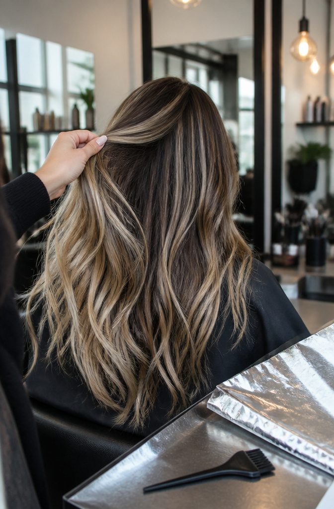 Hair color showing varied balayage placement and fine foil highlights