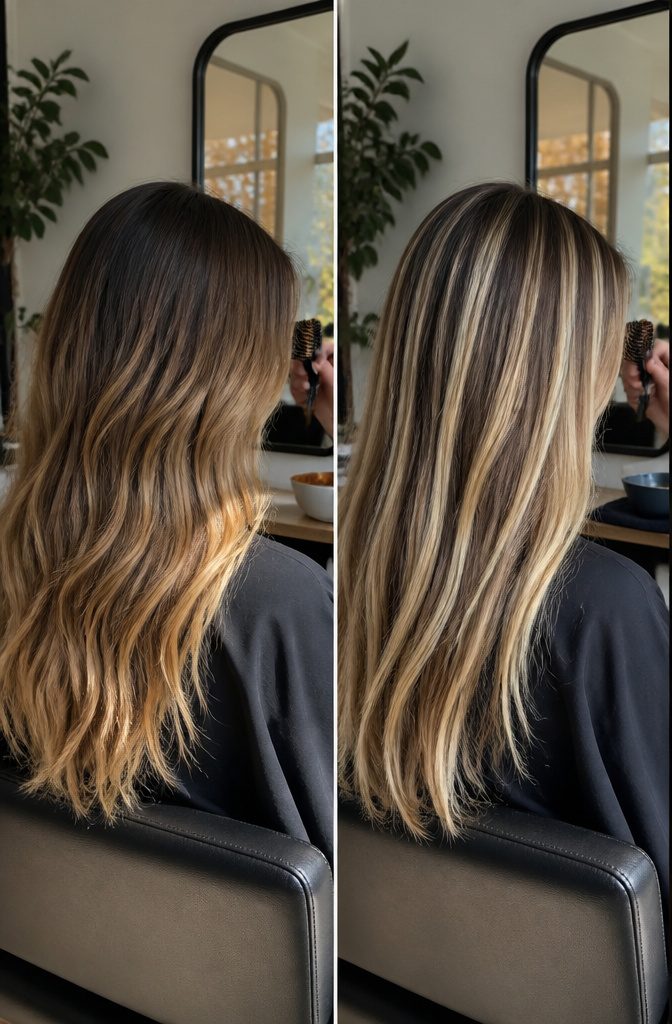 Hair showing blended sun-kissed color beside distinct bright streaks