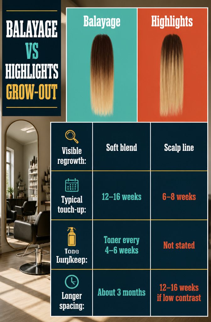 Hair roots showing soft balayage grow-out beside a visible highlight line