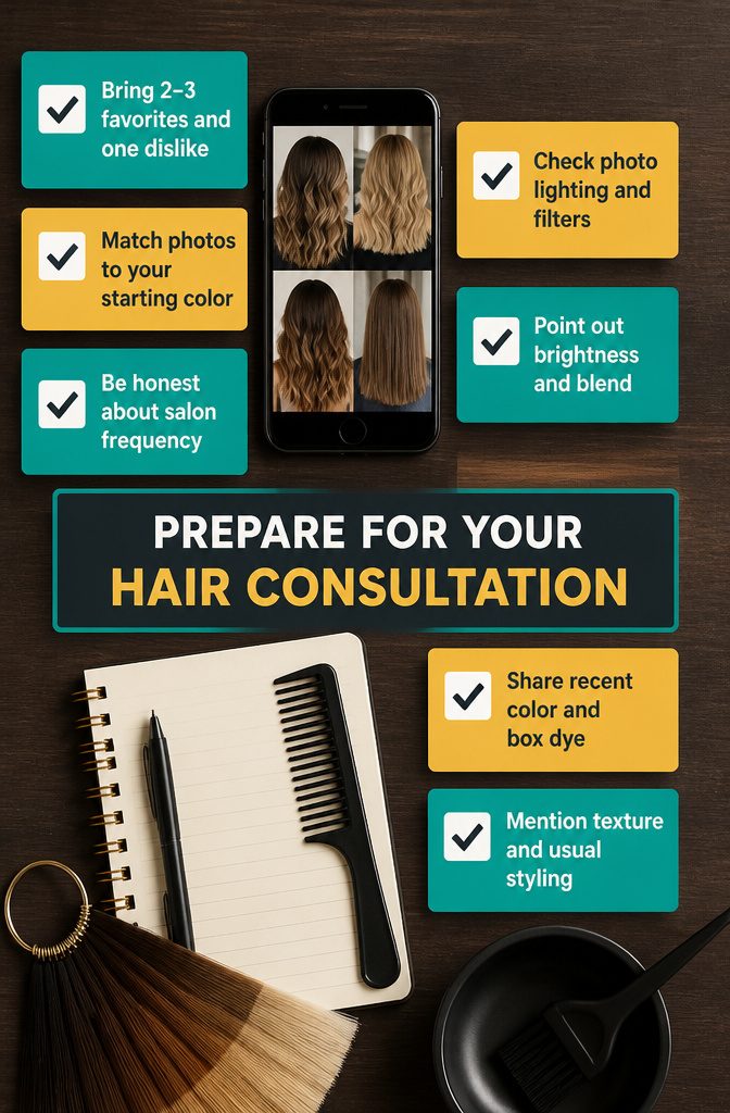Beauty graphic with tips for preparing photos and hair history for a salon consultation