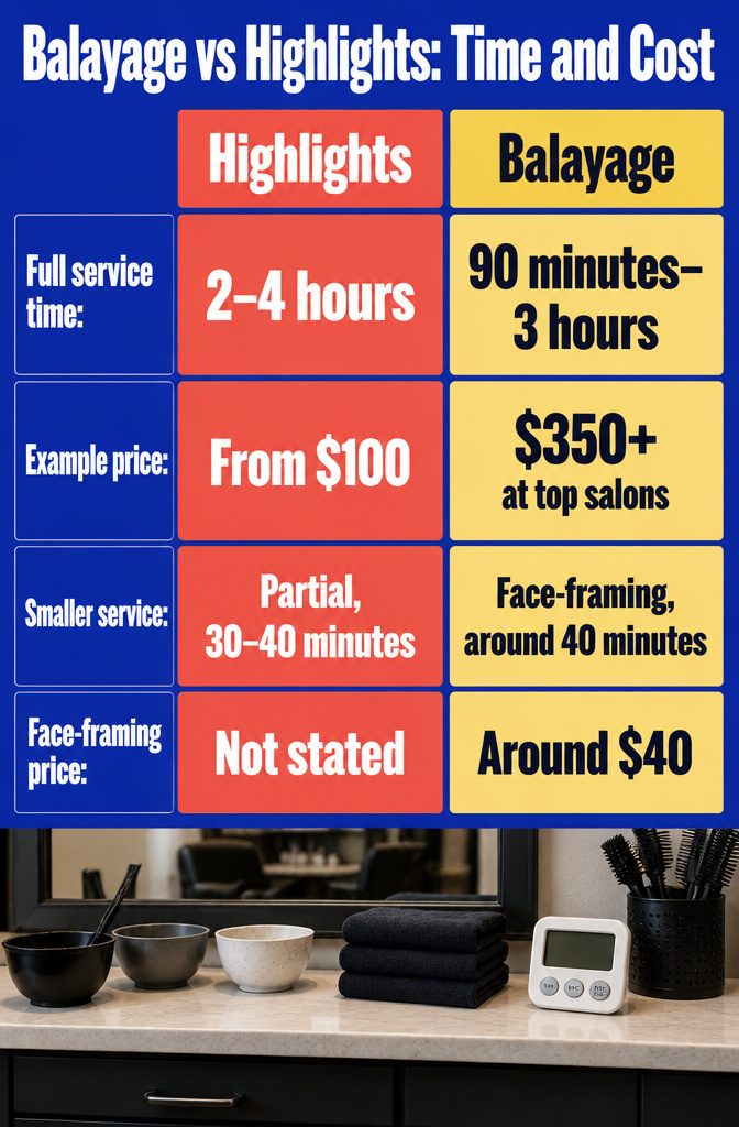 Beauty graphic comparing salon time and prices for balayage and highlights