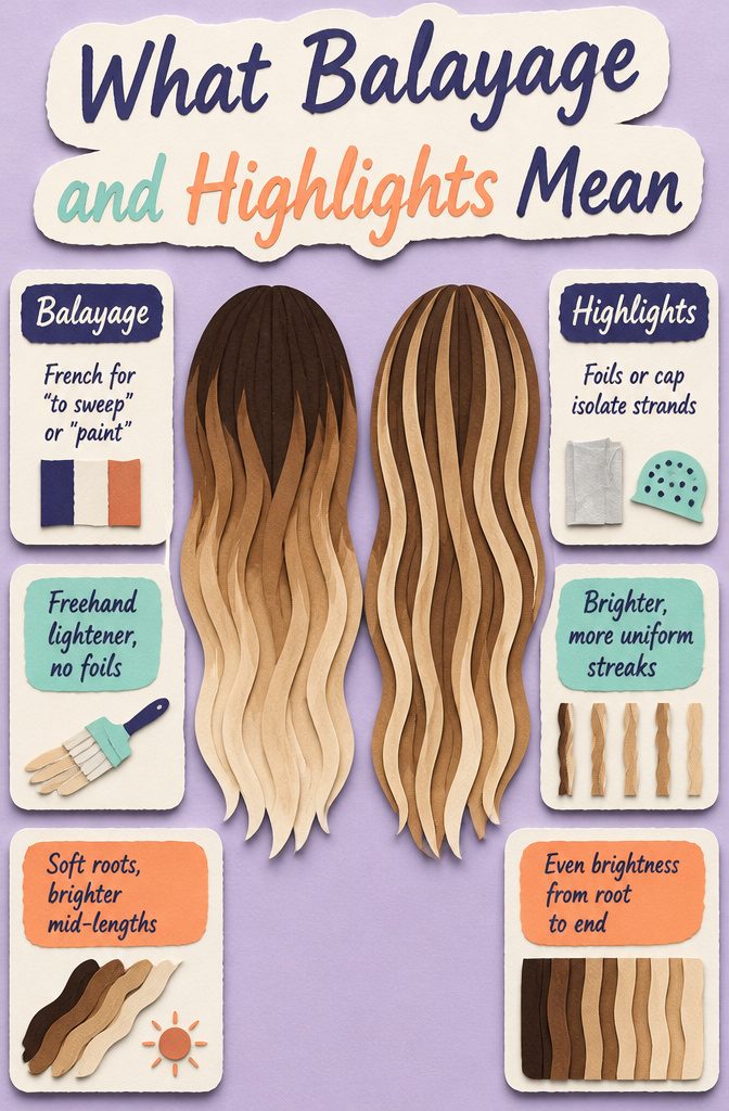 Beauty graphic explaining painted balayage and foil applied highlights