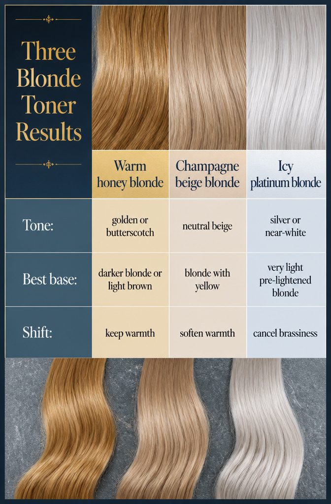 Three blonde hair swatches in warm honey champagne beige and icy platinum shades