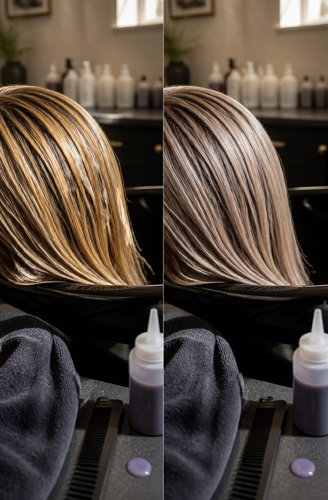 Before-and-after blonde highlights toned to a cooler shade with darker hair underneath
