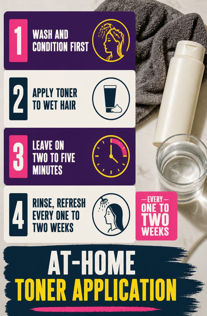 At-home toner application graphic with wet hair and product being worked through the lengths