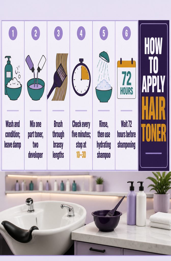 Hair toner application graphic showing a brush spreading product through damp hair lengths