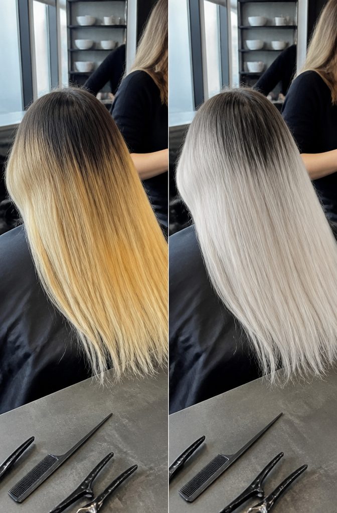Before-and-after blonde hair with dark roots and yellow-orange lengths beside white platinum ends
