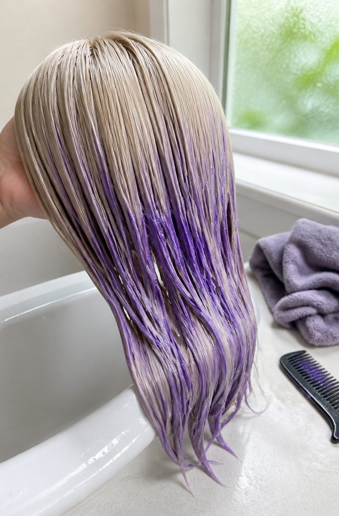 Before-and-after blonde hair showing less yellow after purple shampoo and mask