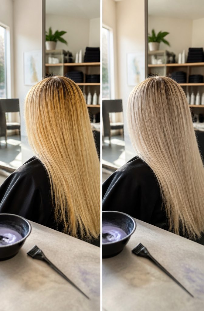 Before-and-after blonde hair with yellow tones changed to a pale neutral blonde