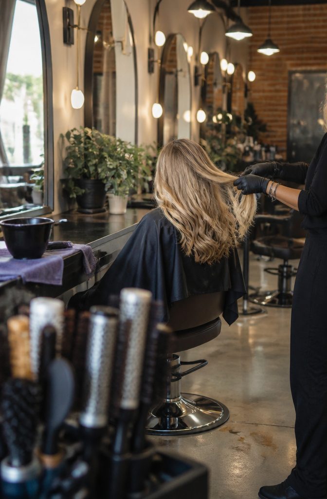 Before-and-after blonde hair showing a salon toner refresh with brassiness reduced