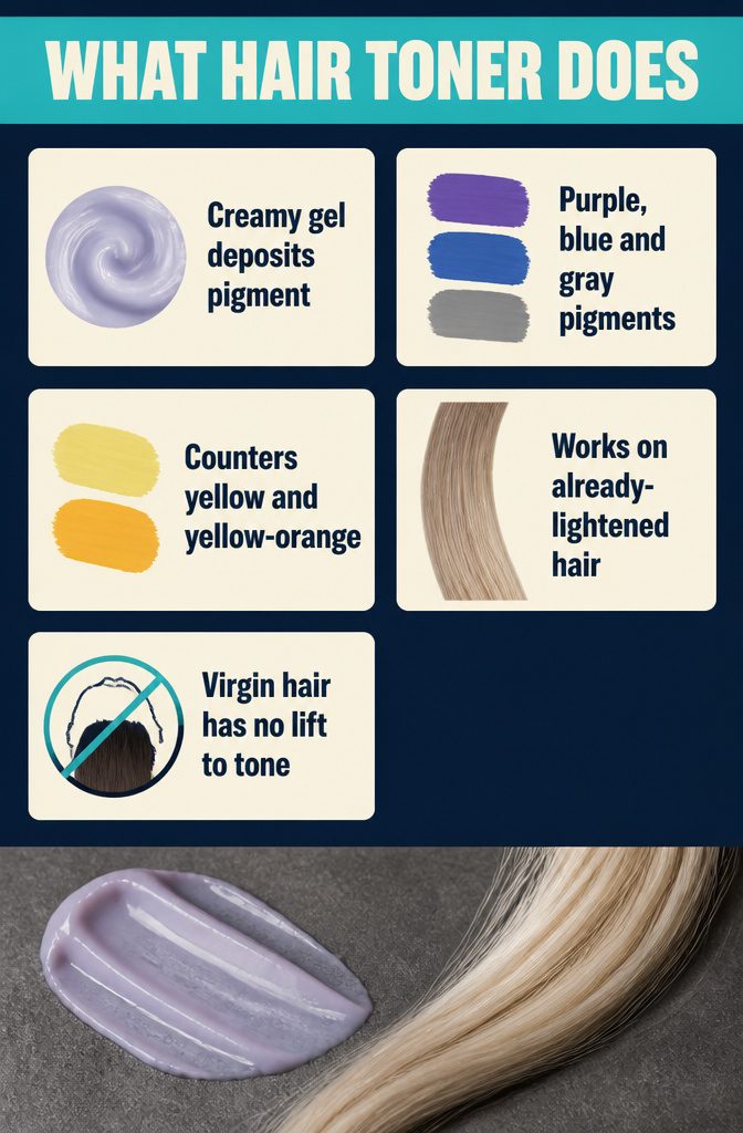 Hair toner information graphic with purple blue and gray pigments shown against blonde hair