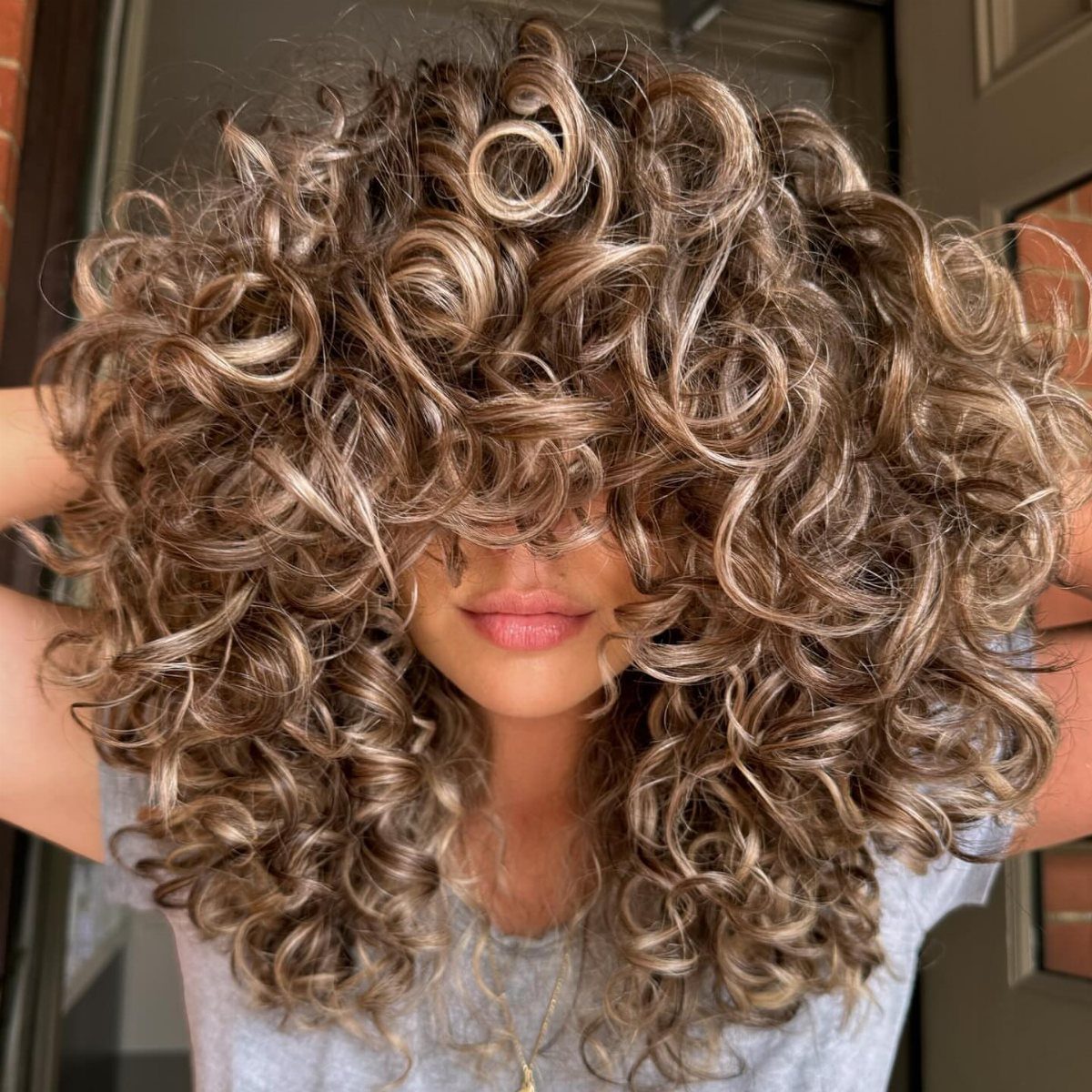 Curly brown hair with fine blonde highlights scattered throughout