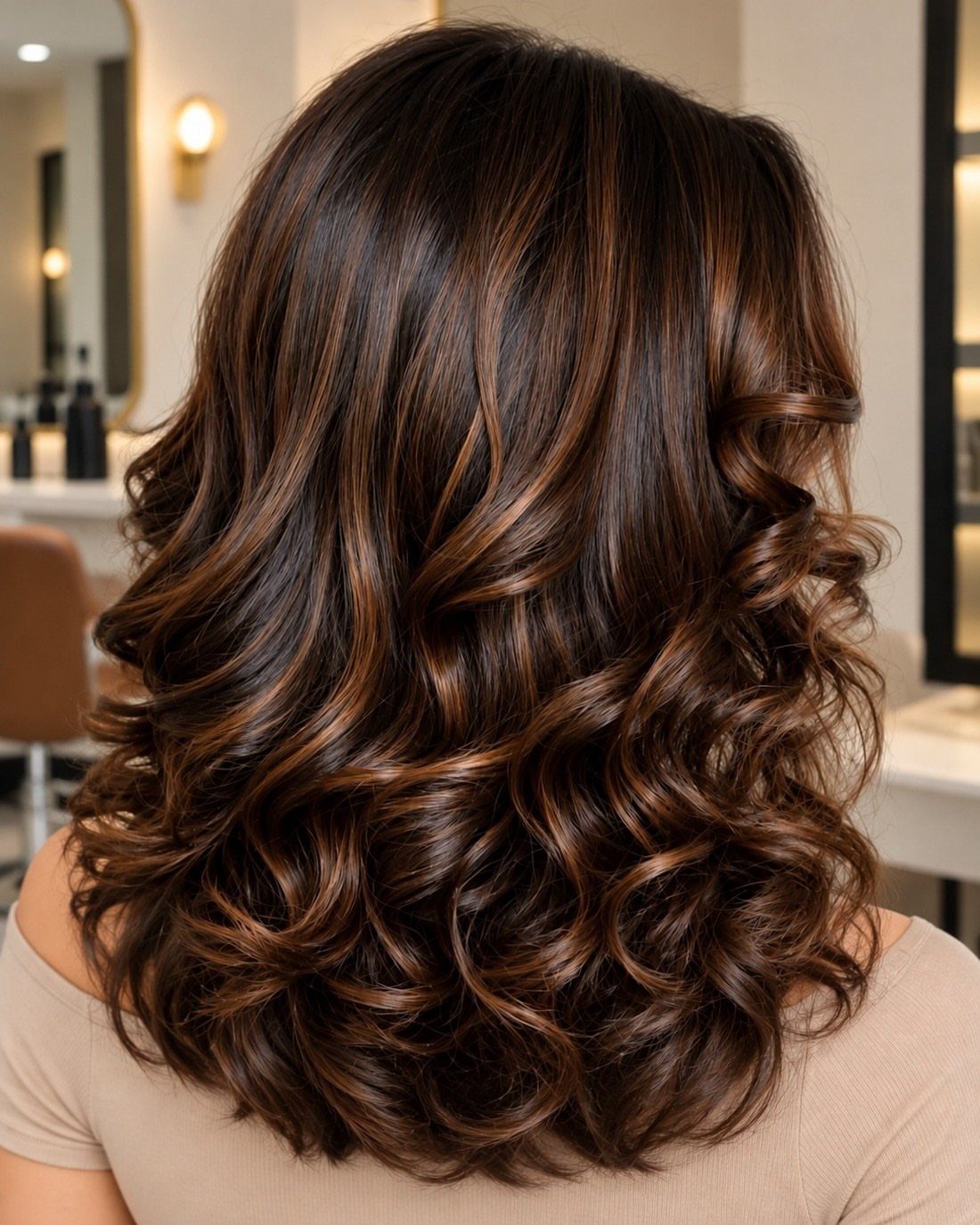 Dark brown curly hair with subtle milk chocolate highlights styled in a salon