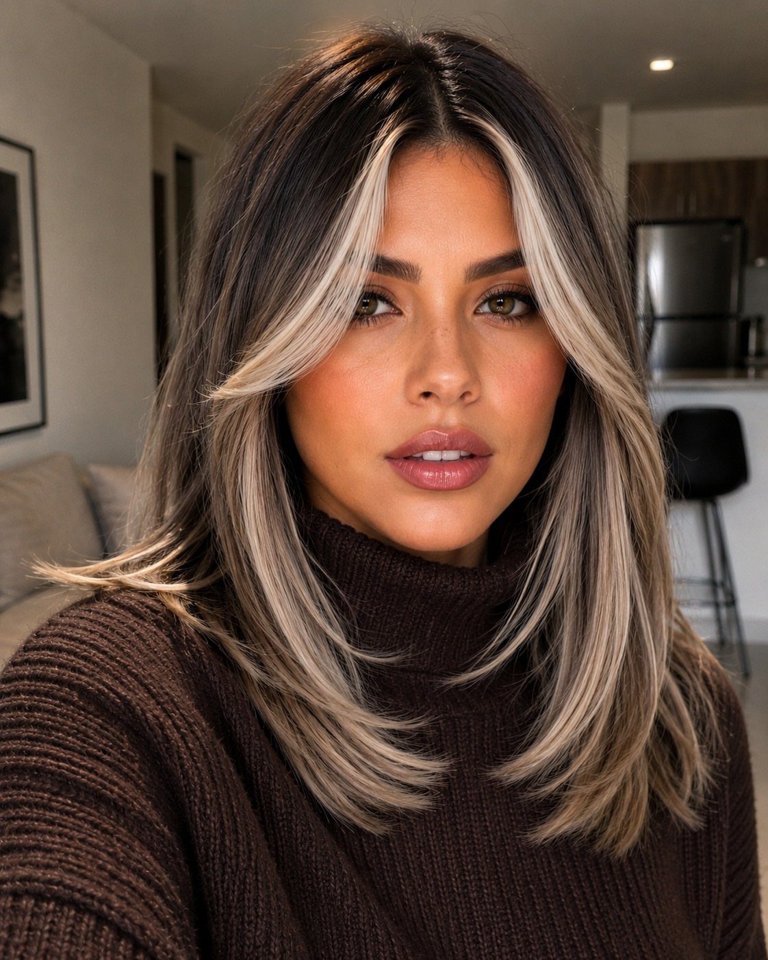 Woman with dark hair and blonde face-framing balayage highlights