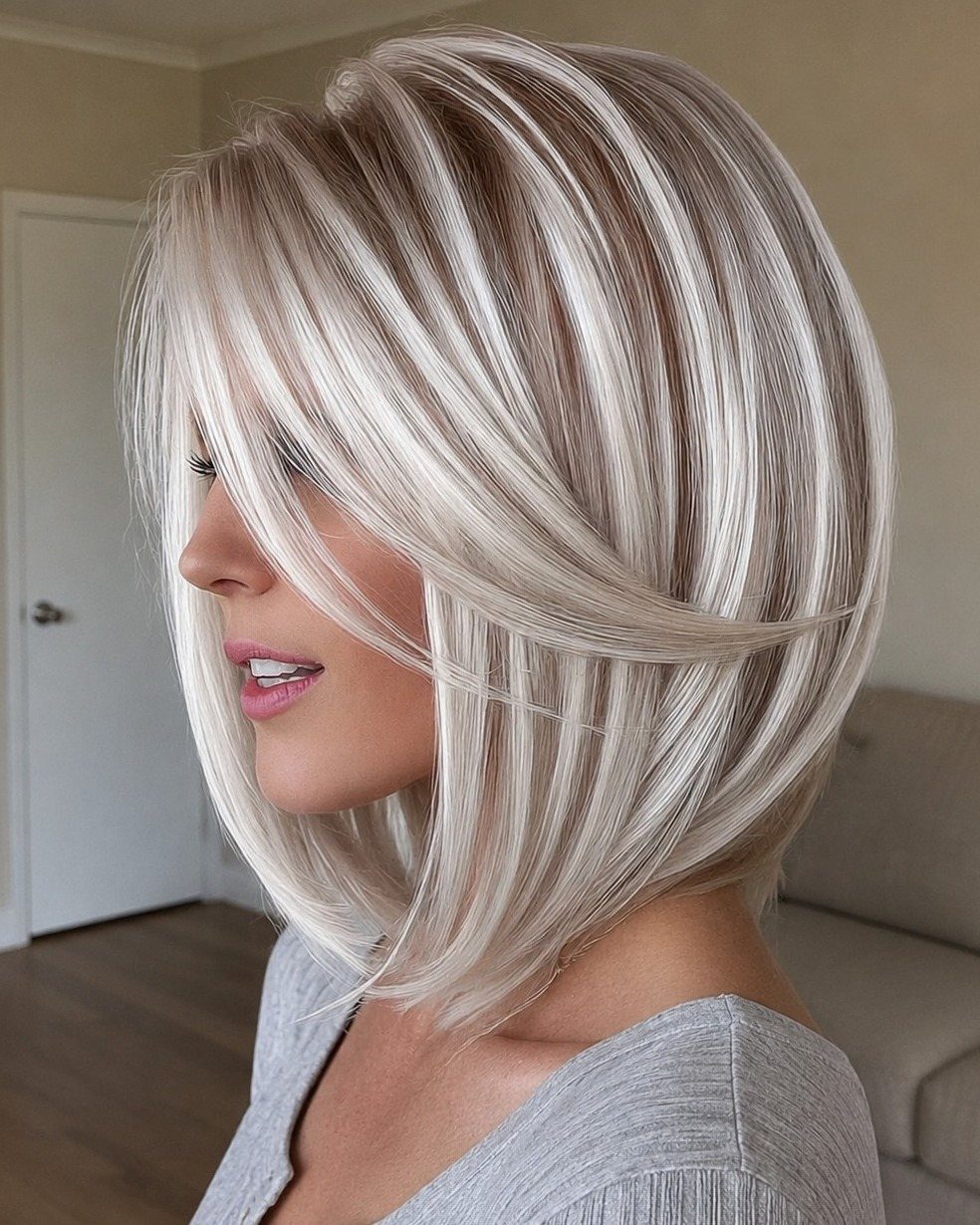 Woman's sleek bob with bright platinum blonde highlights and darker roots