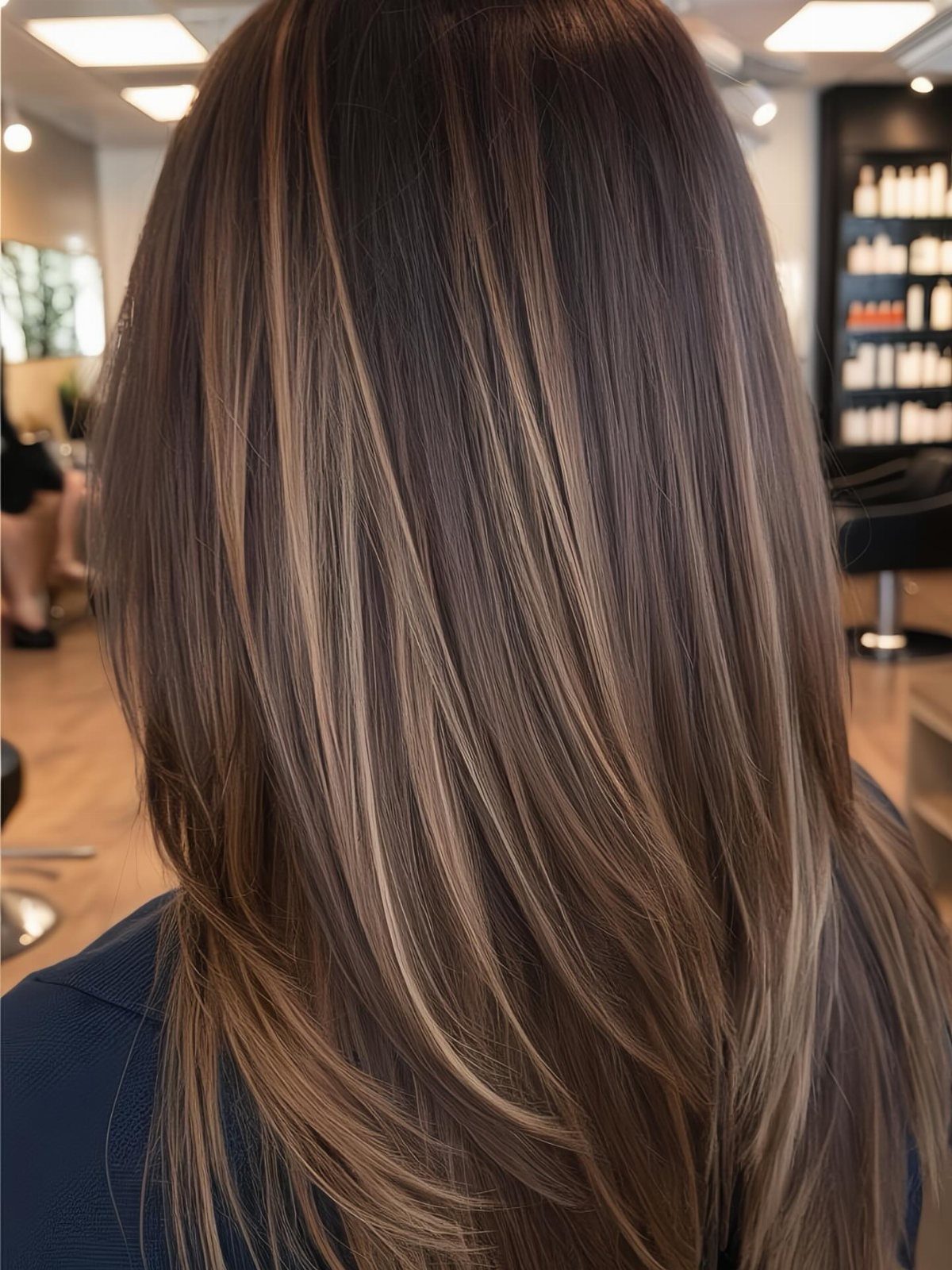 Long brown hair with subtle honey-blonde streaks in a salon
