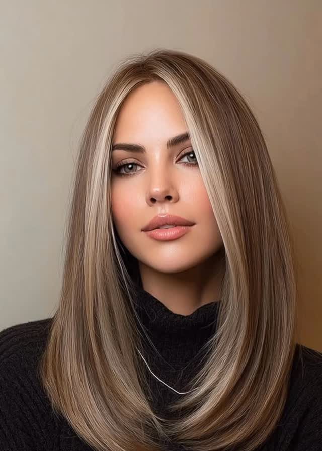 Woman with smooth, cool mushroom-blonde hair and muted beige highlights