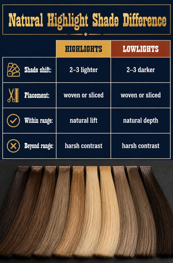 Natural highlight shade chart comparing lighter strands with a base hair color