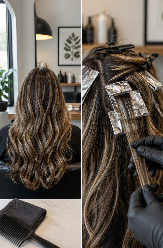 Hair with lighter highlights and darker lowlights against a natural base