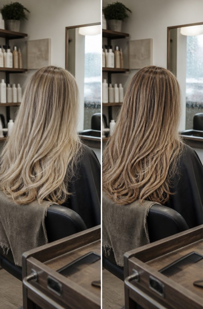 Highlighted hair with lighter and darker tones woven through the base