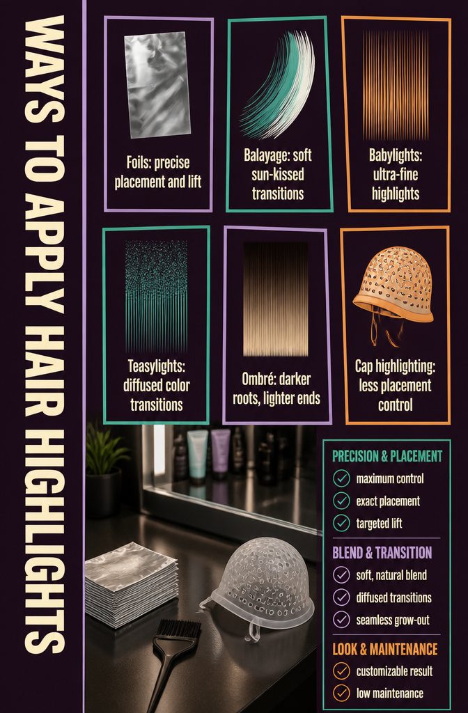 Hair highlighting methods diagram with foils and freehand color application