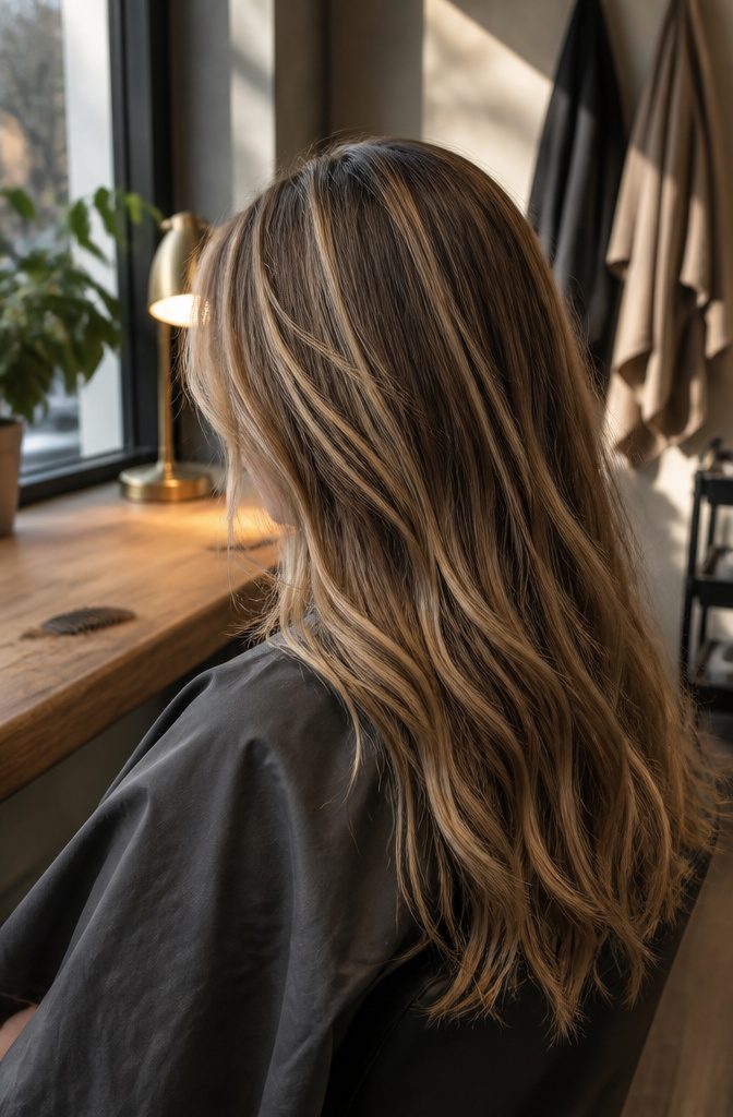 Hair with bright face-framing highlights and deeper strands throughout