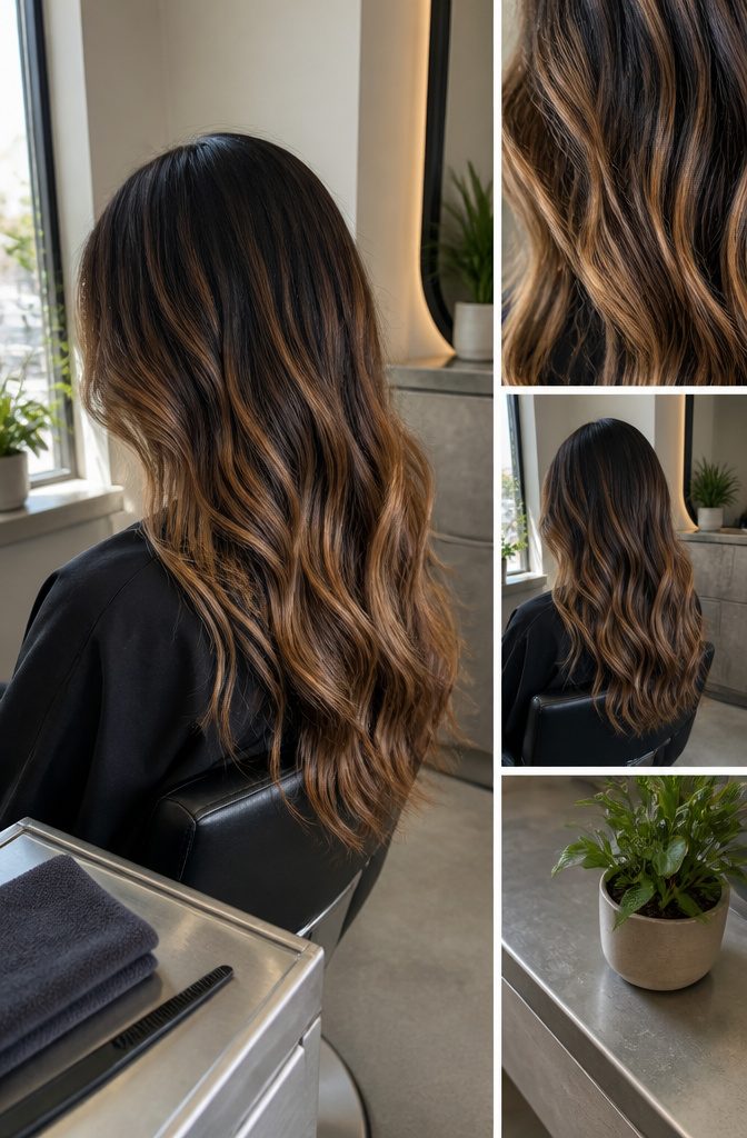 Dark hair with warm highlights woven through the lengths