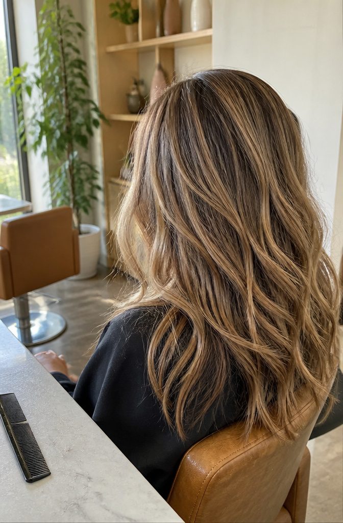 Hair with highlights and lowlights woven together through the base